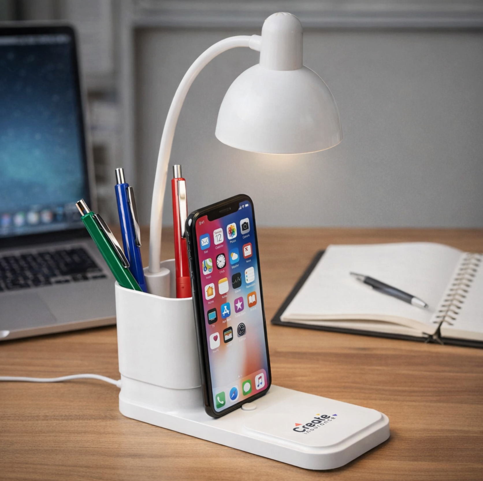 Lexicon Desk Lamp, Pen Caddy & Phone Stand - White