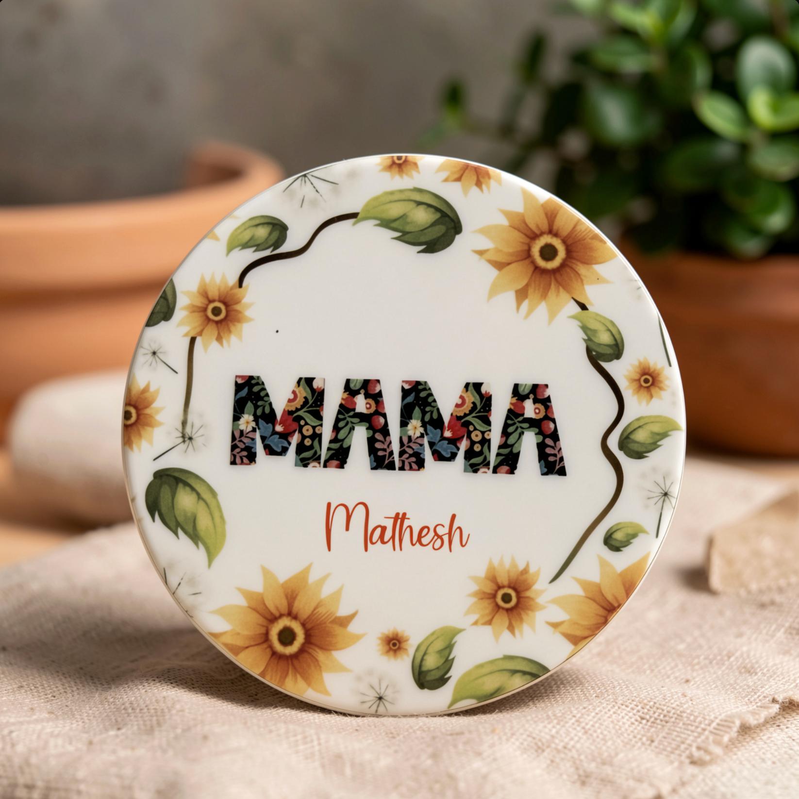 Personalised Round MAMA Design Coaster – 2 Set Drink Ceramic Coasters