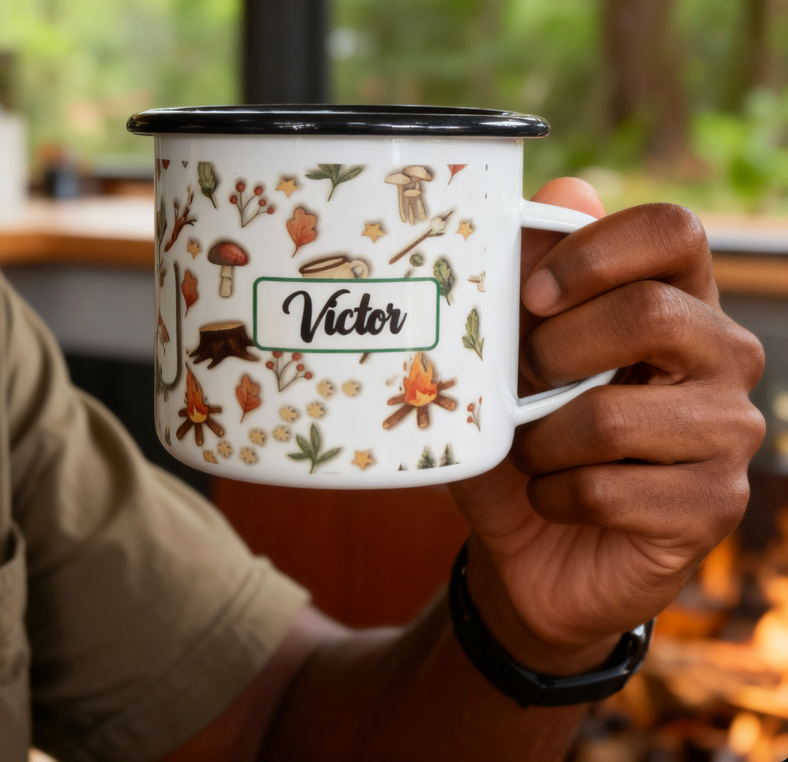 Personalised Mushroom Camping Mug – 8 cm Enamel Mug with Black Rim & Name