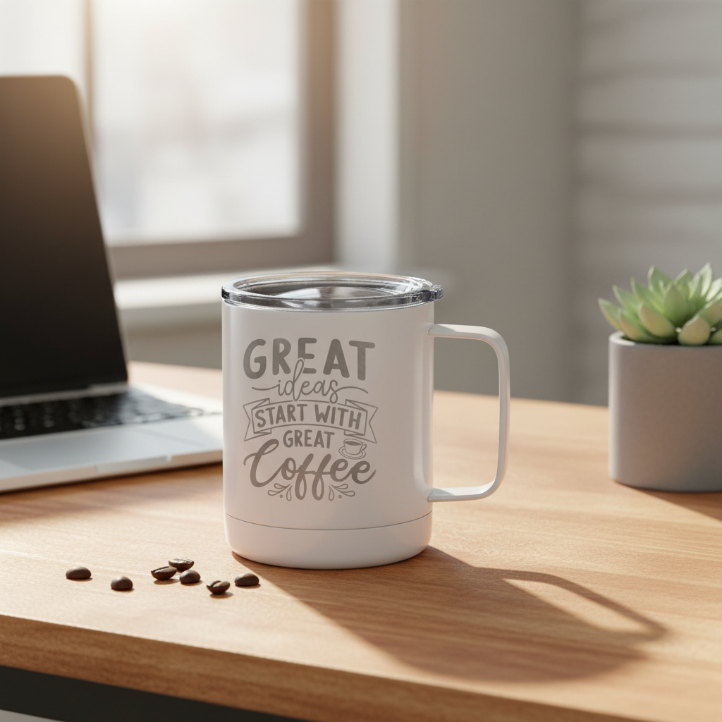 Personalised Delerke White Stainless Steel Travel Mug – 400 ml Vacuum Insulated Cup