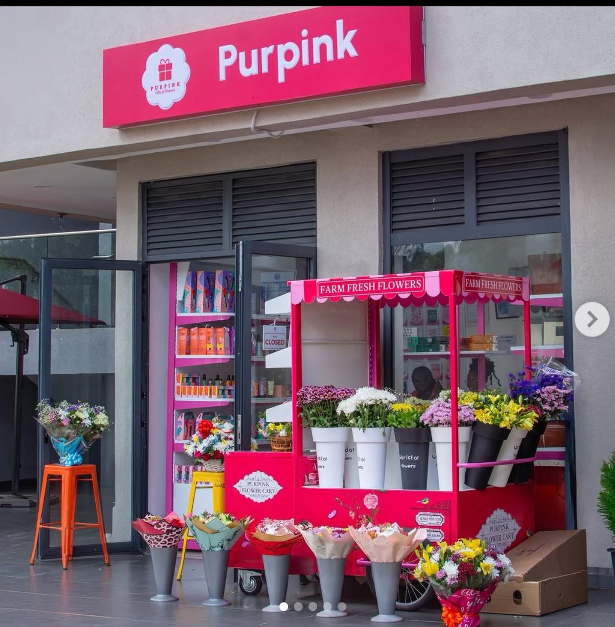 Purpink Karen store front with flower display and branding
