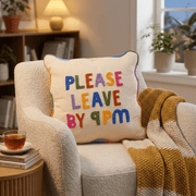 “Please Leave By 9pm” Embroidered Cushion – Raspberry Blossom