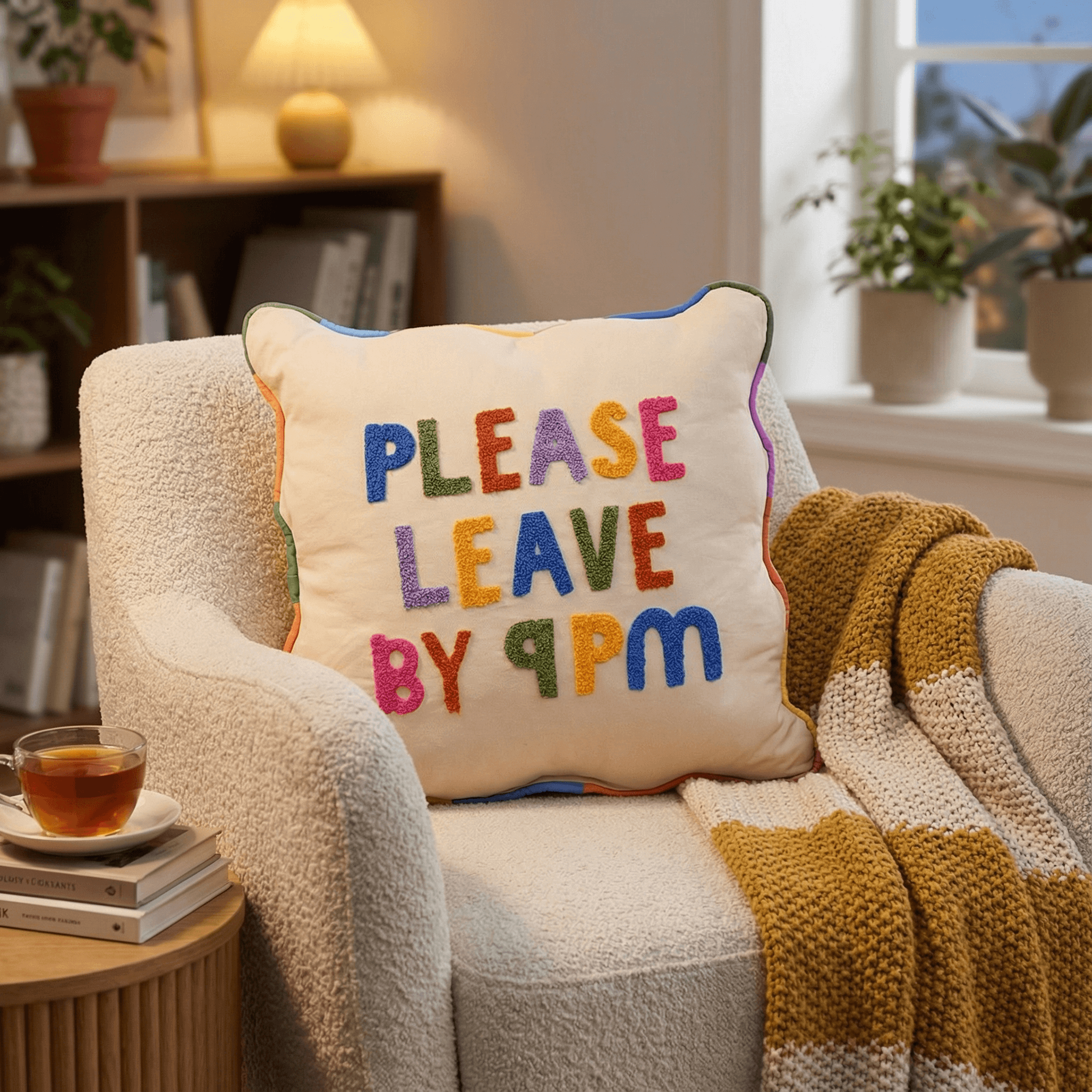 “Please Leave By 9pm” Embroidered Cushion – Raspberry Blossom