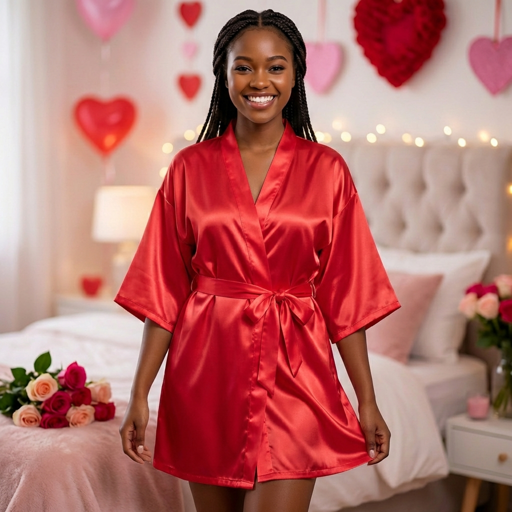 Scarlet Satin Robe – Wine Red Tie-Waist Kimono