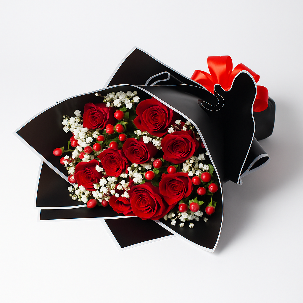 Red Roses and White Gypso Bouquet