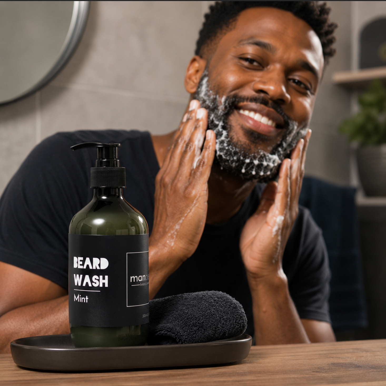 Man washing his beard with a bottle of 'Beard Wash' on a tray.