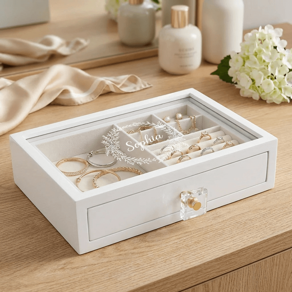 Sophia Classic White Jewellery Box with Glass Lid & Drawer