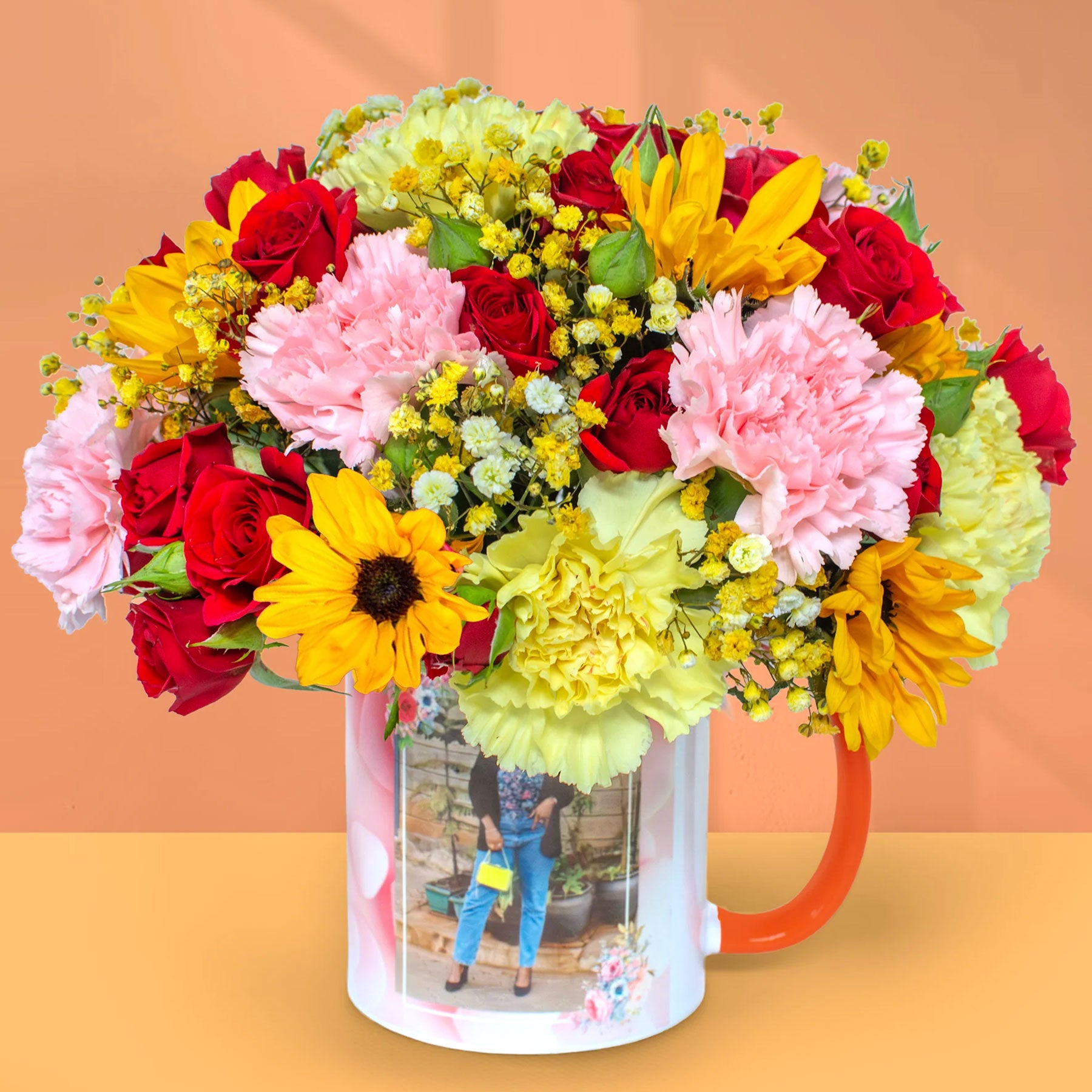 Personalised Sassy Classy Floral Mug Arrangement – Custom Photo Flower Gift