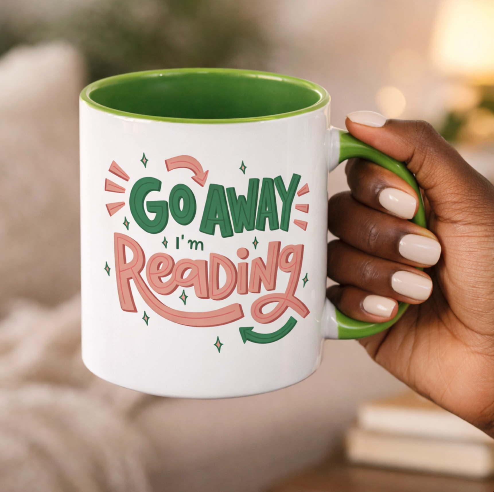 Go Away, I’m Reading Mug - 11 oz Inner Colour Ceramic Mug  (Light Green)