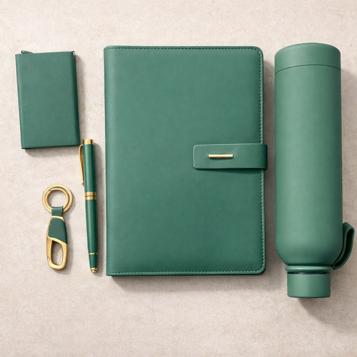 Green Executive Corporate Gift Set – A5 Notebook, Pen, 500 ml Bottle, Key & Card Holder