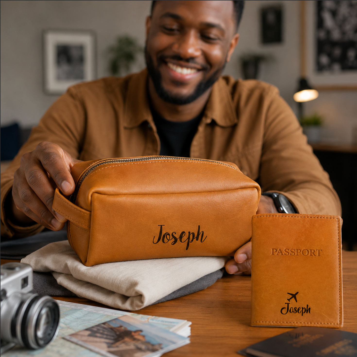 Man holding a tan leather pouch with 'Joseph' engraved, surrounded by travel items.
