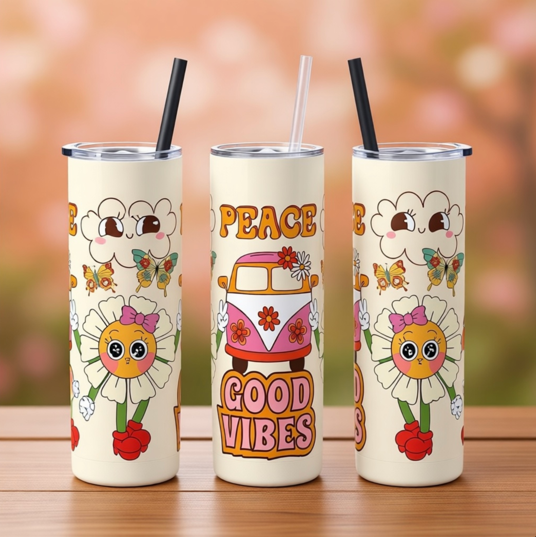 Personalised Slim Stainless Steel Straw Tumbler – 20 oz “Peace and Good Vibes” with Straw