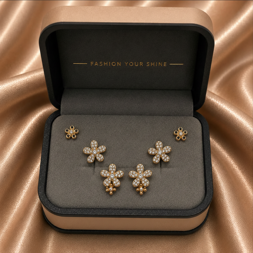 Floral Crystal Trio Earring Set – Gold Plated