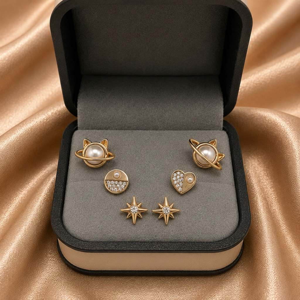 Crystal Trio Earring Set – Celestial & Pearl