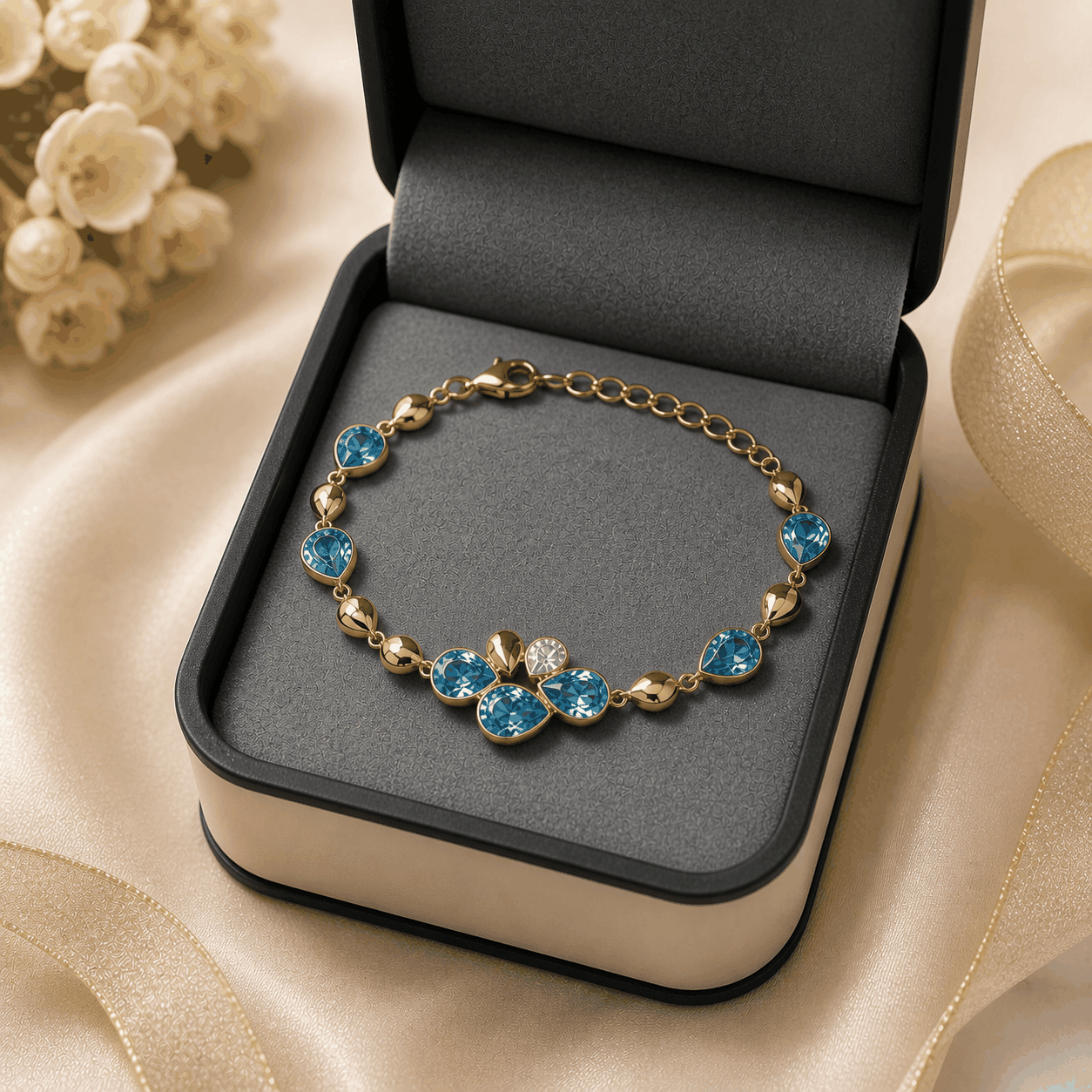 The Keira Bracelet – 18k Gold Plated – Aqua -  box