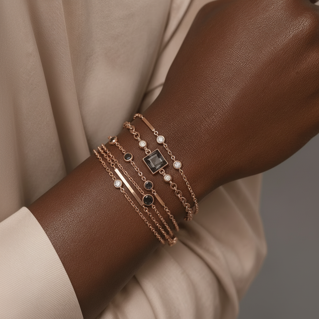 Close-up of a wrist wearing multiple gold bracelets with gemstones against a neutral background