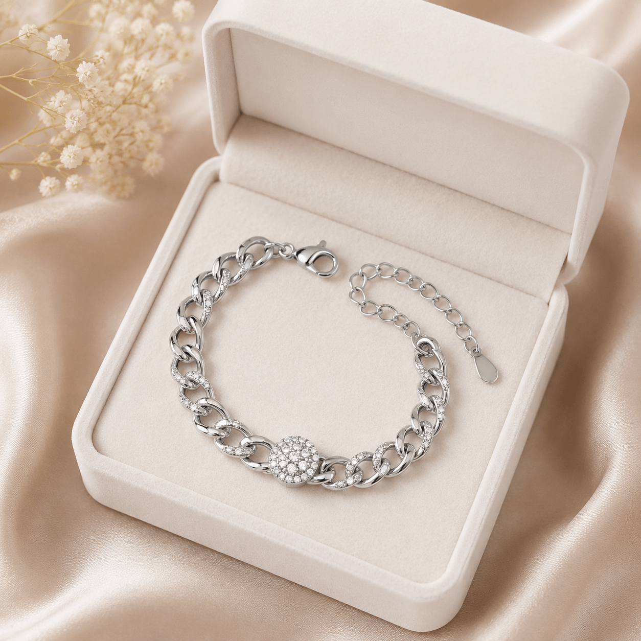 The Lily Bracelet – Rhodium Plated – Clear - box