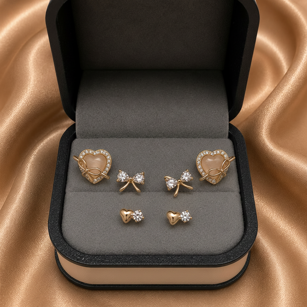 Crystal Trio Earring Set – Heart, Bow & Stud