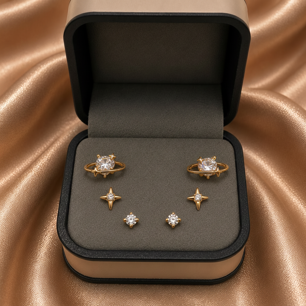 Celestial Crystal Trio Earring Set – Gold Plated