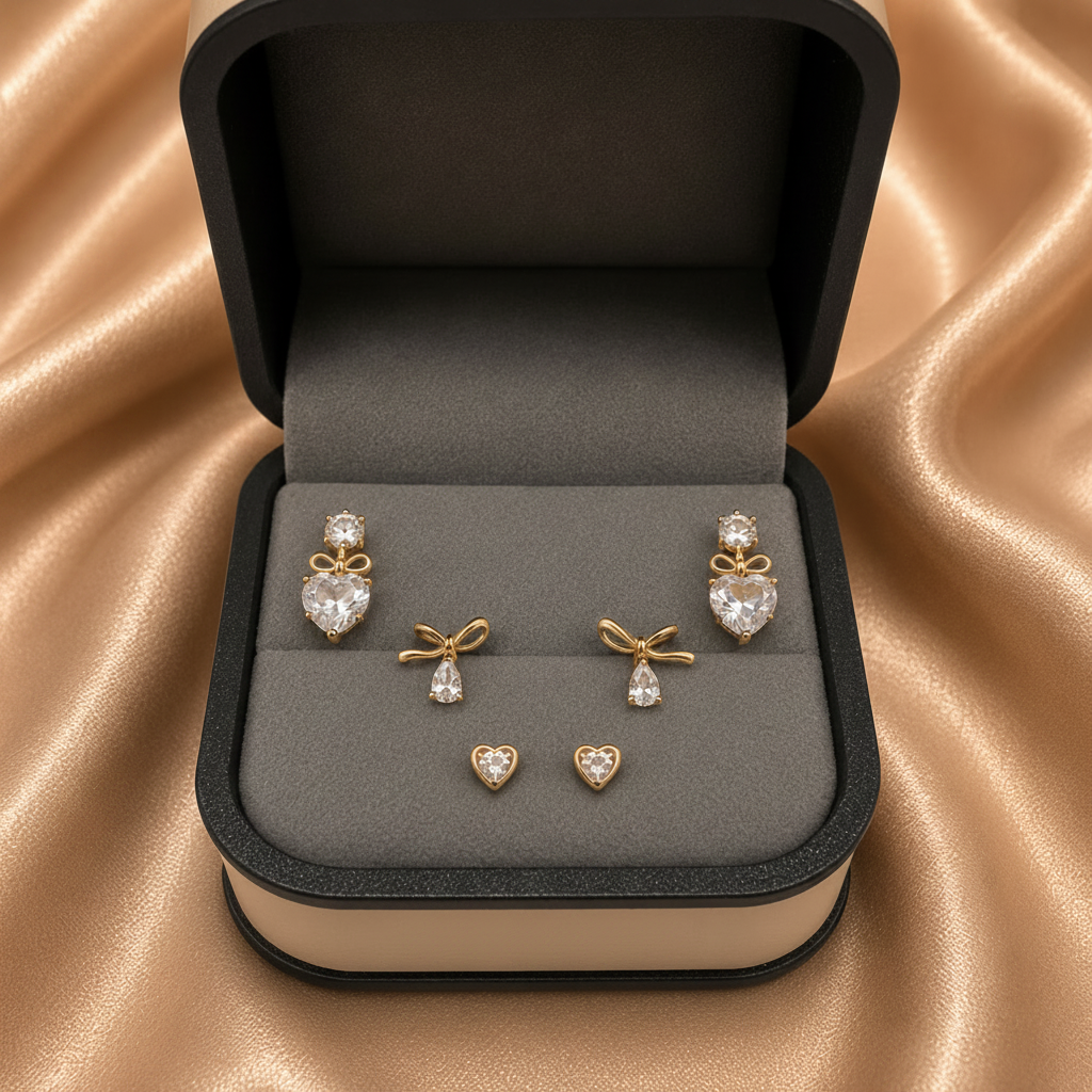 Crystal Trio Earring Set – Bow, Ribbon & Heart