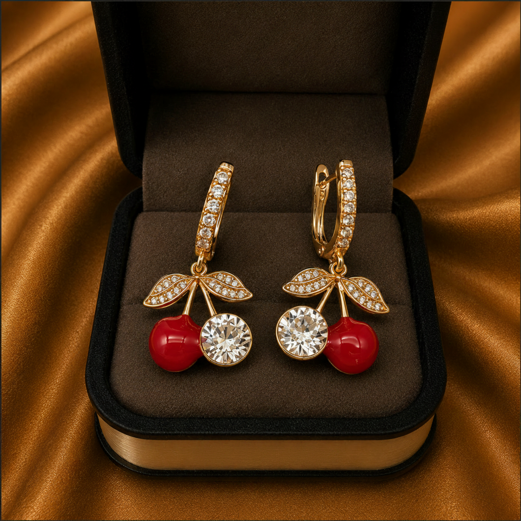 Cherry-themed earrings in a jewelry box on a brown fabric background