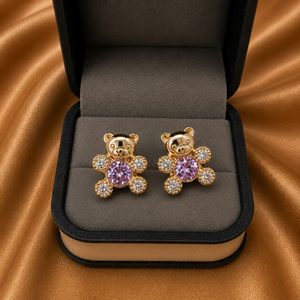 Teddy Bear Crystal Stud Earrings – 18k Gold Plated