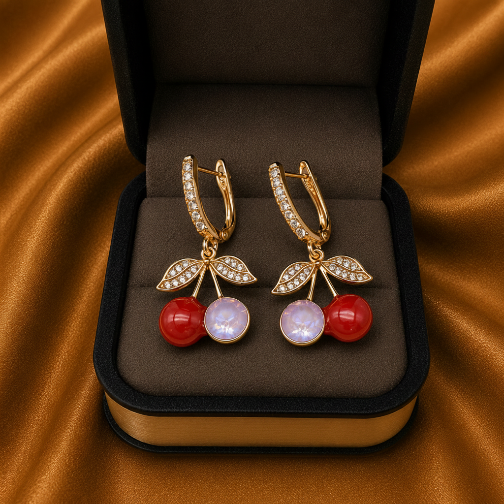 Cherry-themed earrings in a jewelry box on a brown fabric background