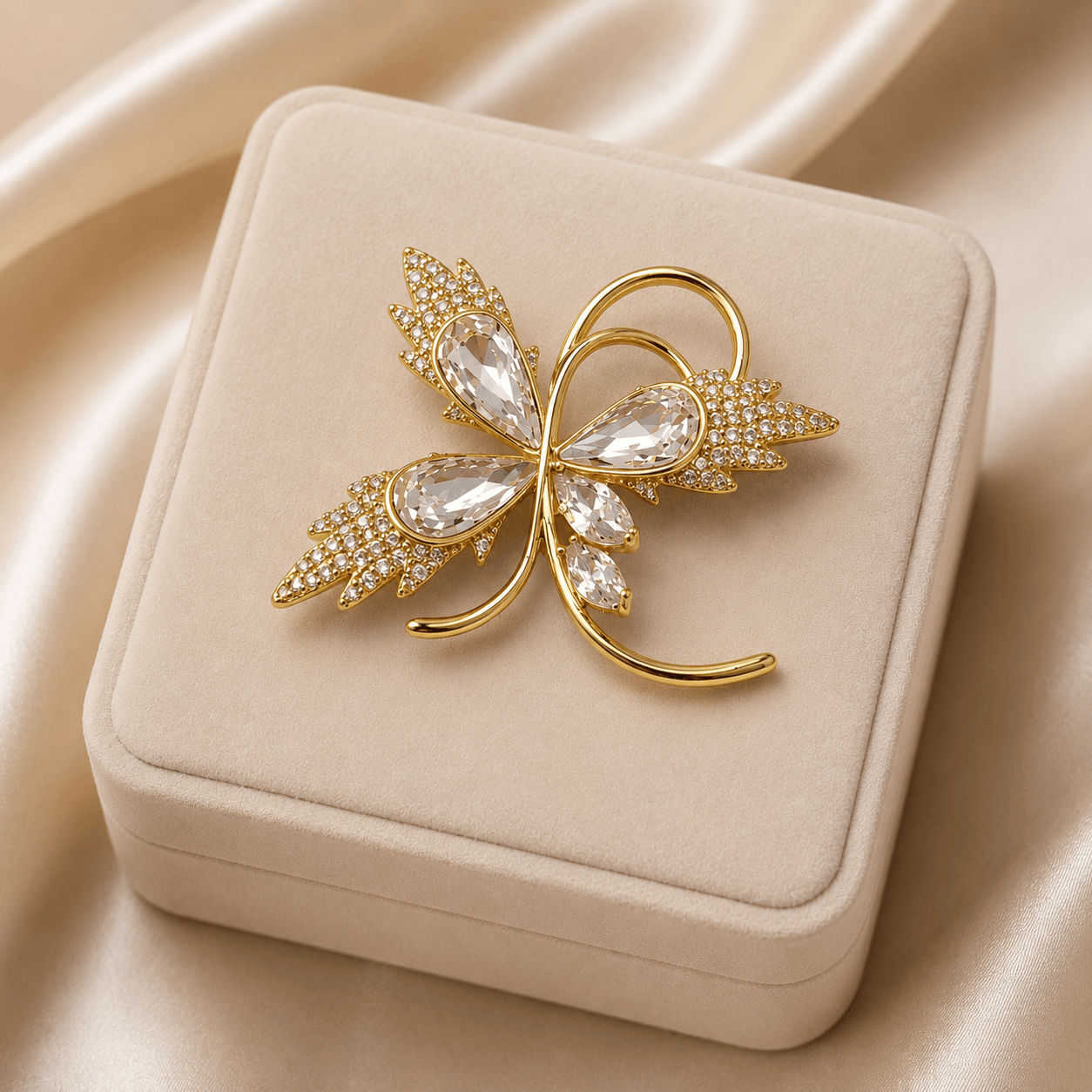 Gold butterfly brooch with clear gemstones on a beige jewelry box