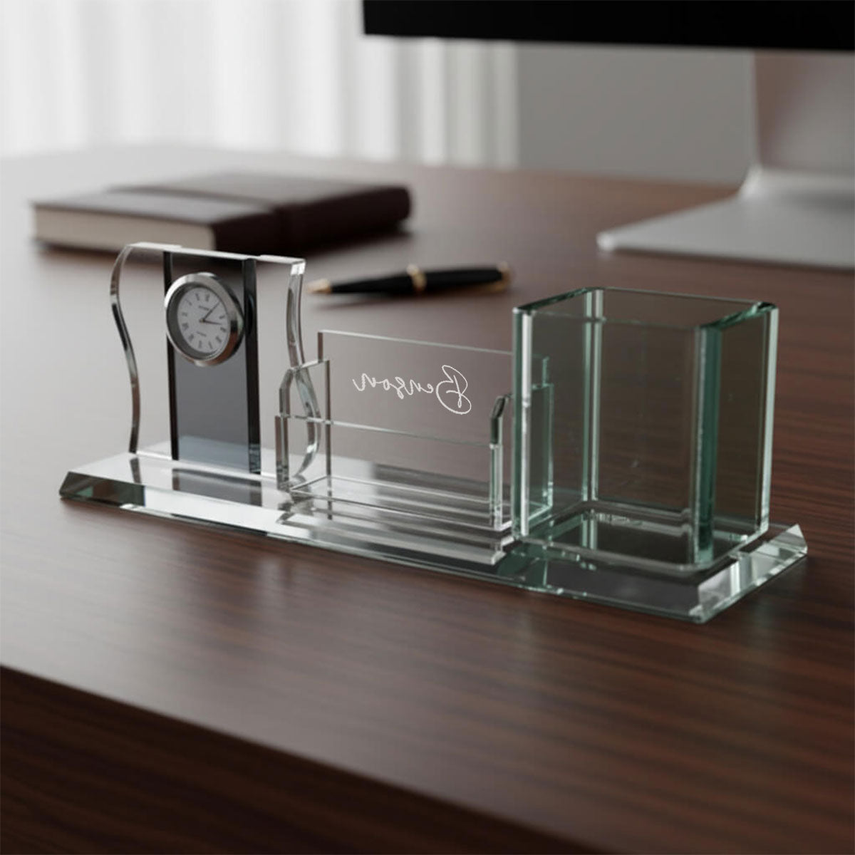 Personalised Crystal Desk Organiser with a Clock