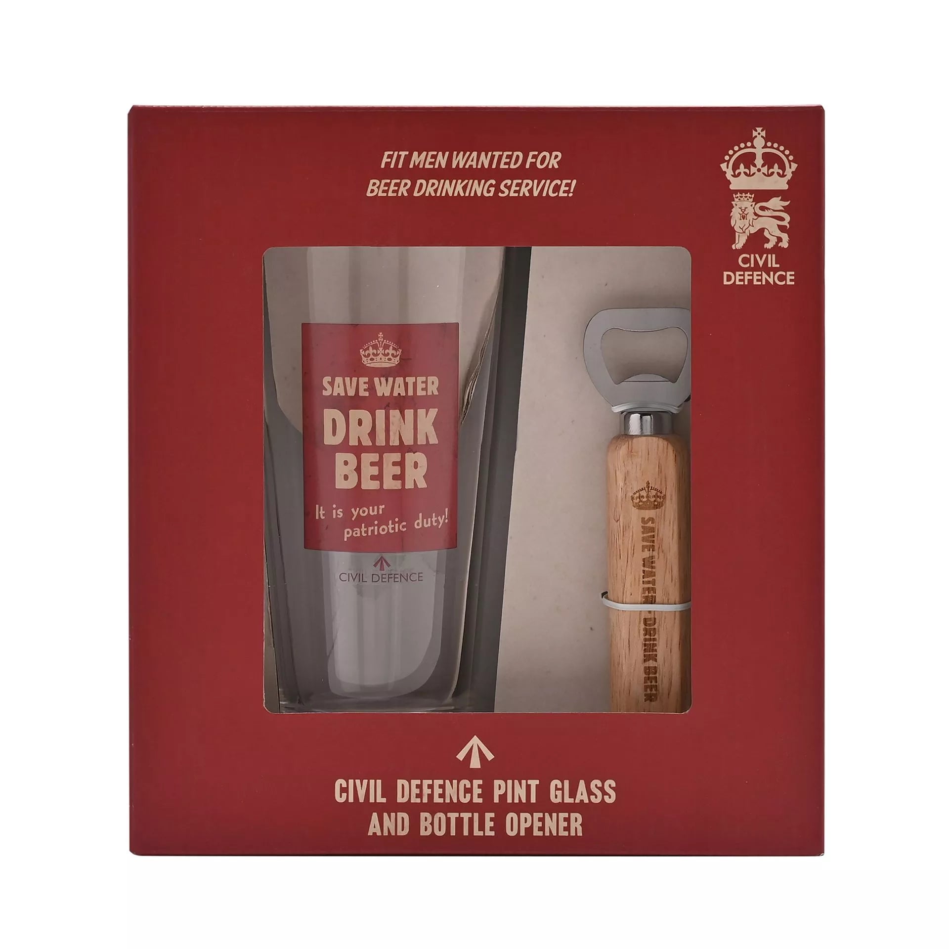 Civil Defence Pint Glass and Bottle Opener Set