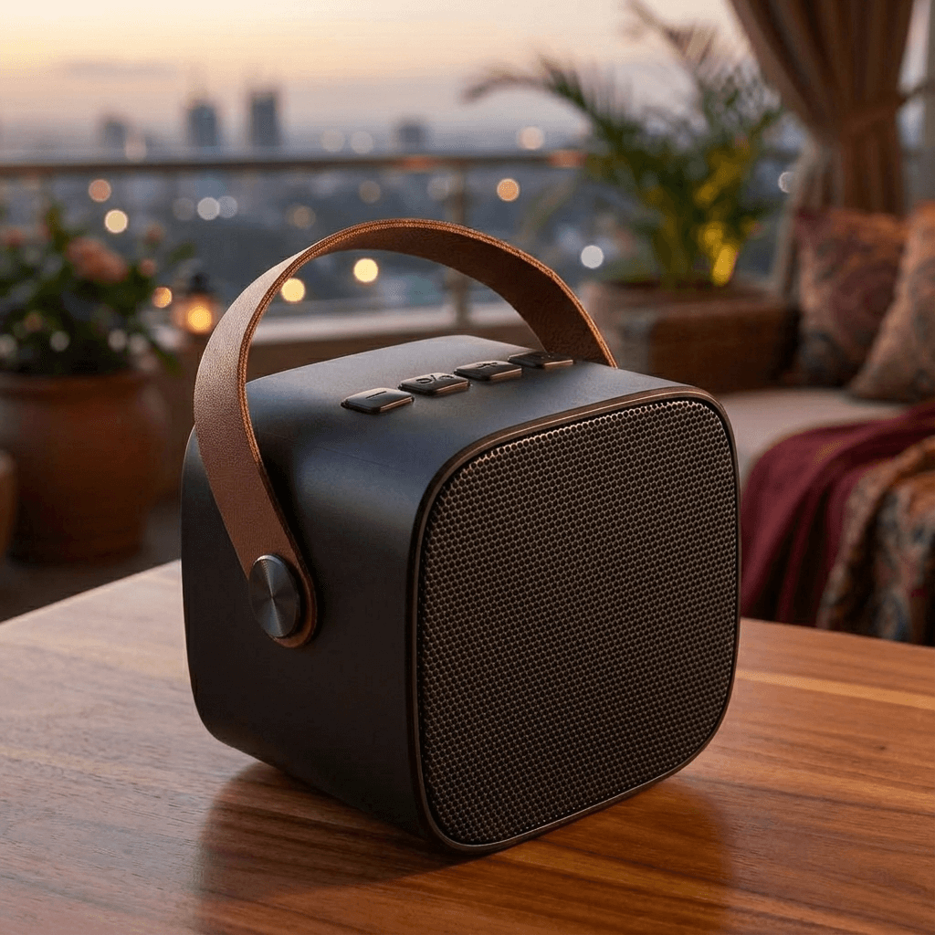 Compact Retro 5W Bluetooth Speaker – 3.5 × 2.6 × 3 inch | ABS & PU Handle | Black