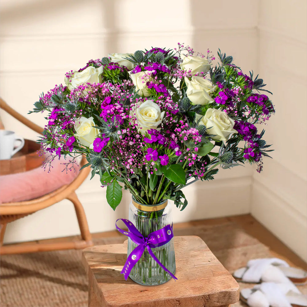 The Violet Charm White Roses Flower Bouquet