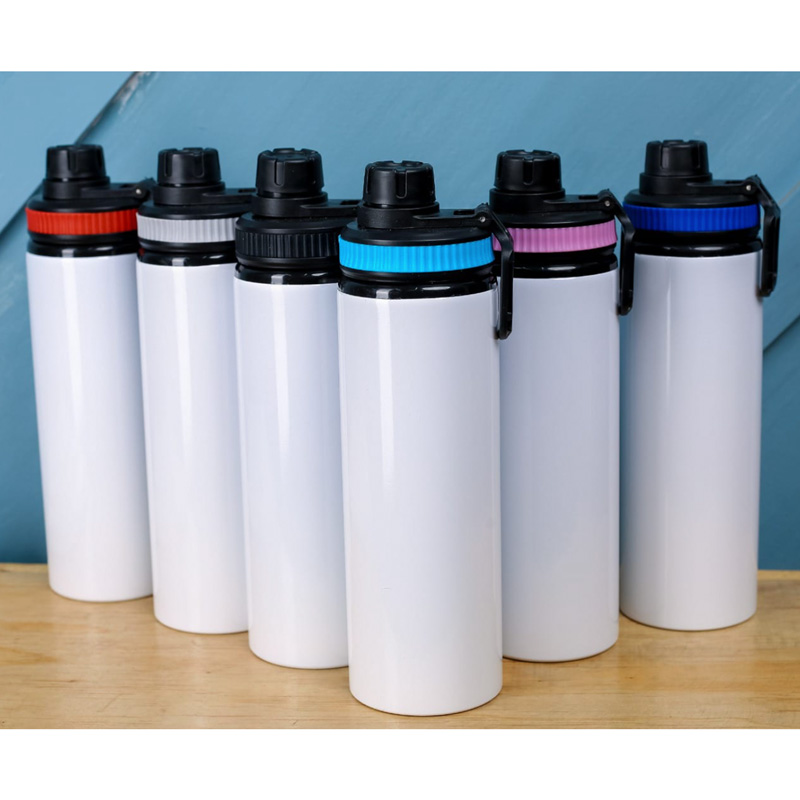 Plain white Metallic Water Bottles with Colored Lids