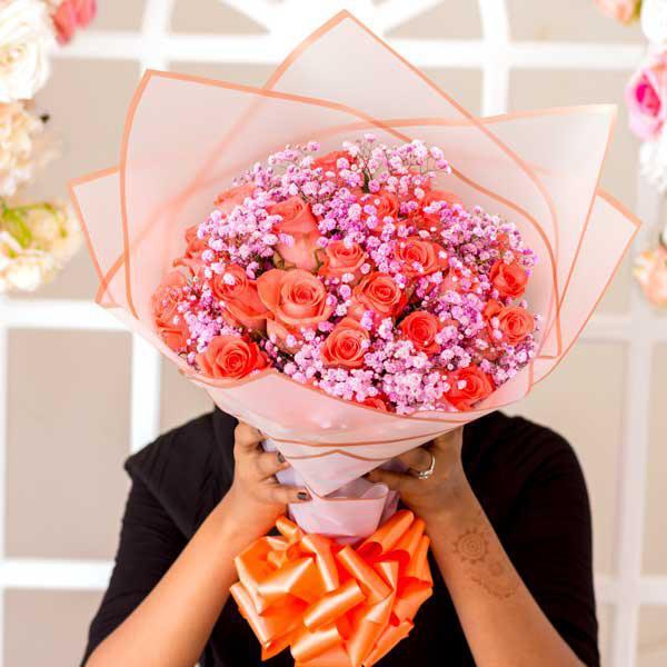 Orange Roses & Pink Baby's Breath Bouquet
